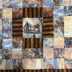 Handmade Quilt Throw 41x56 Vintage Ranch Cabin Scenery Ducks Brown Rust Gray